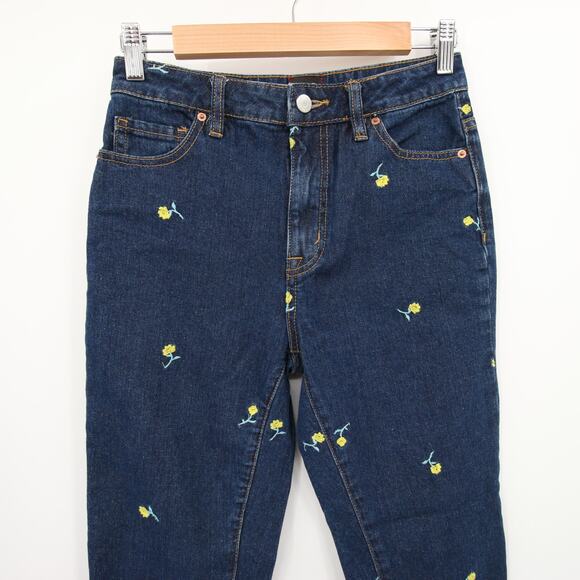 BDG Urban Outfitters Jeans Mom High Rise Floral Embroidered Dark Wash Yellow 25 - Picture 2 of 10